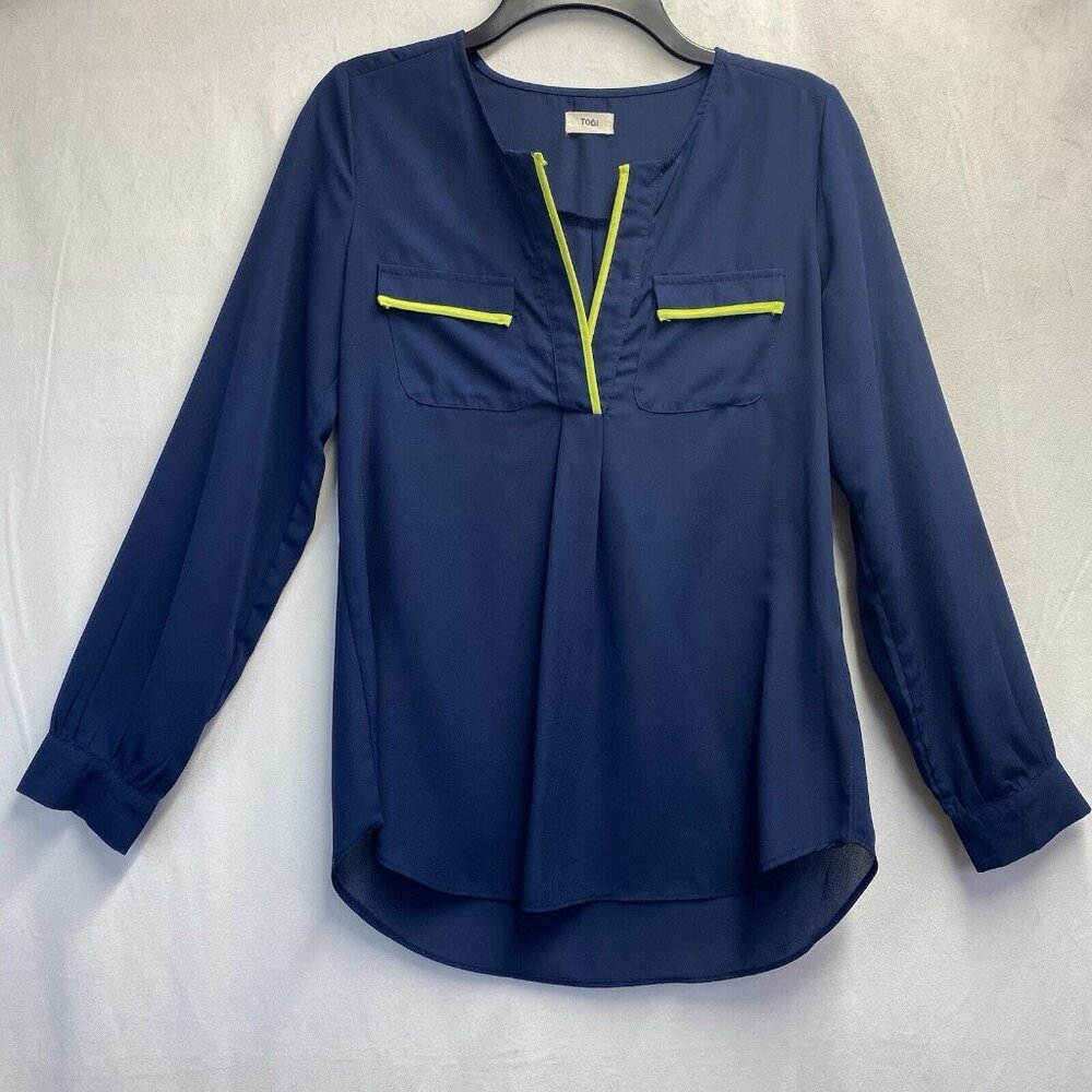 TOBI Semi Sheer Slit Crew Neck Long Sleeve Blouse Women Small Navy Hi-Lo Hem